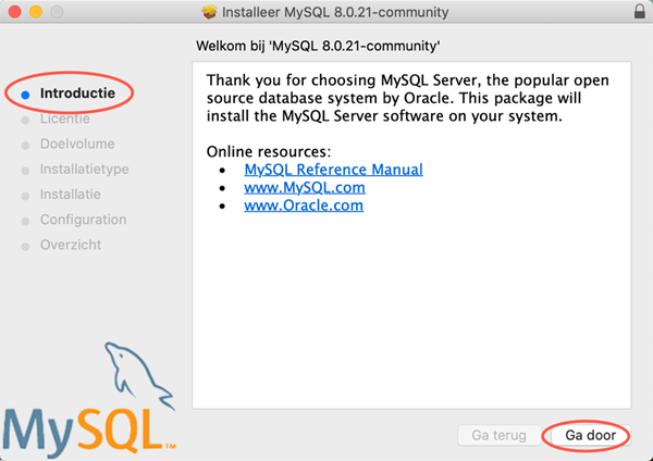macOS MySQL Community Server Installatie dialoogvenster Introductie